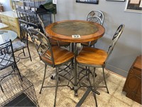 36" TILE/WOOD TOP PUB TABLE W/4 CHAIRS 42" TALL