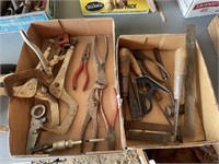 2 box lots of hand tools and clamps