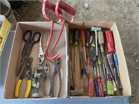 2 boxes of misc tools, hay hooks, pliers