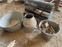 2 stainless steel pails and galvanized wash bucket