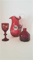 CRANBERRY GLASS PITCHER + RUBY GLASS INKWELL +