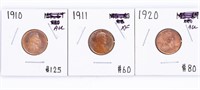 Coin 3 Lincoln Cents, 1910,1911,1920,XF-AU