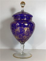 COBALT BLUE GLASS JAR GILT SPONGE EFFECT