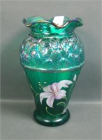 Fenton Designer Showcase Green Vase with Lilys