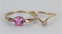 10k & Diamond Chip Ring & 10k Ring w/Pink Stone