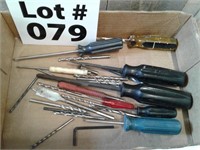 Assorted screwdrivers, drill bits, miscellaneous