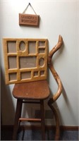 Wooden Stool, Bent Branch Walking Stick, Whicker