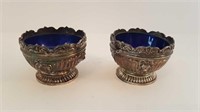 2 SALTERS WITH COBALT GLASS INSERTS