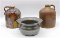 Stoneware Jugs and Pewter Spittoon.