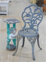 Metal Garden Chair and Carved Frog Pedestal.