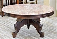 Marble Top Mahogany Pedestal Coffee Table.
