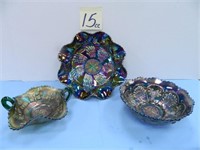 2 Carnival Glass Pieces & (1) Fenton Bowl