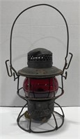 (T) NYCS red glass railroad lantern 16in