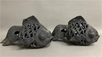 Pair of Heavy Cast Iron Chinese Koi Garden Accents