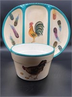 (2) Ceramic Rooster: Divided Tray & Bowl, 1/2