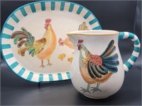 (2) Ceramic Rooster: Platter & Pitcher, 2/2