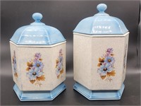 (4) Vintage Ceramic Blue Flower Canisters