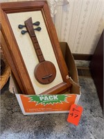 Box lot framed banjos and picture frames