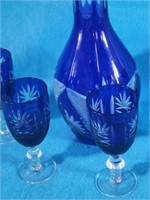 696 - COBALT CUT TO CLEAR DECANTER & 4 GLASSES