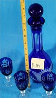 696 - COBALT CUT TO CLEAR DECANTER & 4 GLASSES