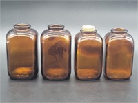 (4) Vintage Amber Apothecary Square Glass Bottles