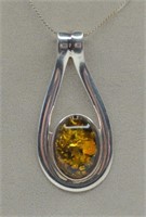 Mexico Sterling Amber Pendant Necklace