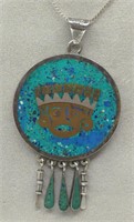 Sterling Turquoise Inlaid Pendant Necklace
