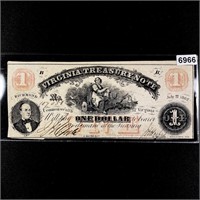 1862 $1 Dollar Treasury Note Commonwealth Virginia