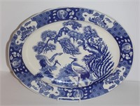 large blue and white platter w herons Japan