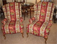 pair quality wingback chairs w pheasants fabric