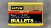100 Rnds 9mm Speer Gold Dot Projectiles
