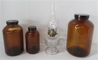 Clear Glass Oil Lantern, Amber Bottles with Lids.