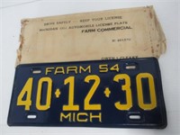 Fantastic 1954 Michigan Farm Plate with Original