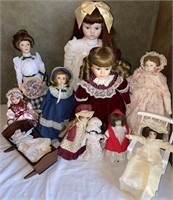 Lot Porcelain Dolls incl. Baby Doll in Rocking