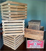 3 New Wood Potato Crates & 3 Antq Wood Adv. Boxes
