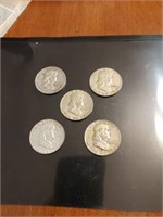 5 Franklin silver halves 1958 59 61 63 63