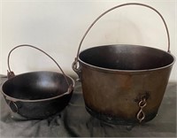 2 Early Cast Iron Hearth Pots. One Footed & Ring.