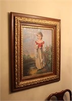 antique picture girl w cat in antique oak frame