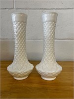 Vintage Pair Of Milk Glass Vases  Diamond Quilt