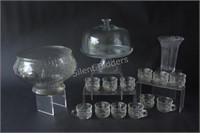Dome Glass Cake Platter, Frosted Vase, Punch Set