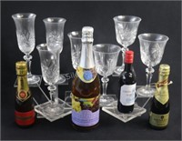 Sealed Mini Wine & Champagne Bottles w Stemware