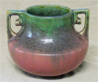 Fulper Green Over Rose Flambe Two Handled Vase.