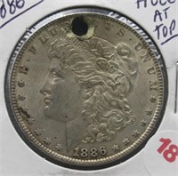 1886 Morgan Silver Dollar. Hole At Top.