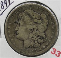 1891 Morgan Silver Dollar.