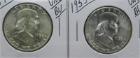 (2) UNC/BU Franklin Half Dollars. Dates: 1954,