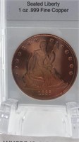 Copper Round Coin 1 oz .999 Fine Seated Liberty,