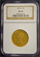 1853 $10 Gold Liberty Eagle NGC AU-55
