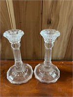 Ornate clear glass candle stick holders