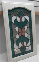 WHITE WOODEN FRAMED STAINED GLASS WINDOW 17-1/2"W