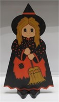 WOODEN SIGNED WITCH WITH BROOM 11"W X 18-1/2H